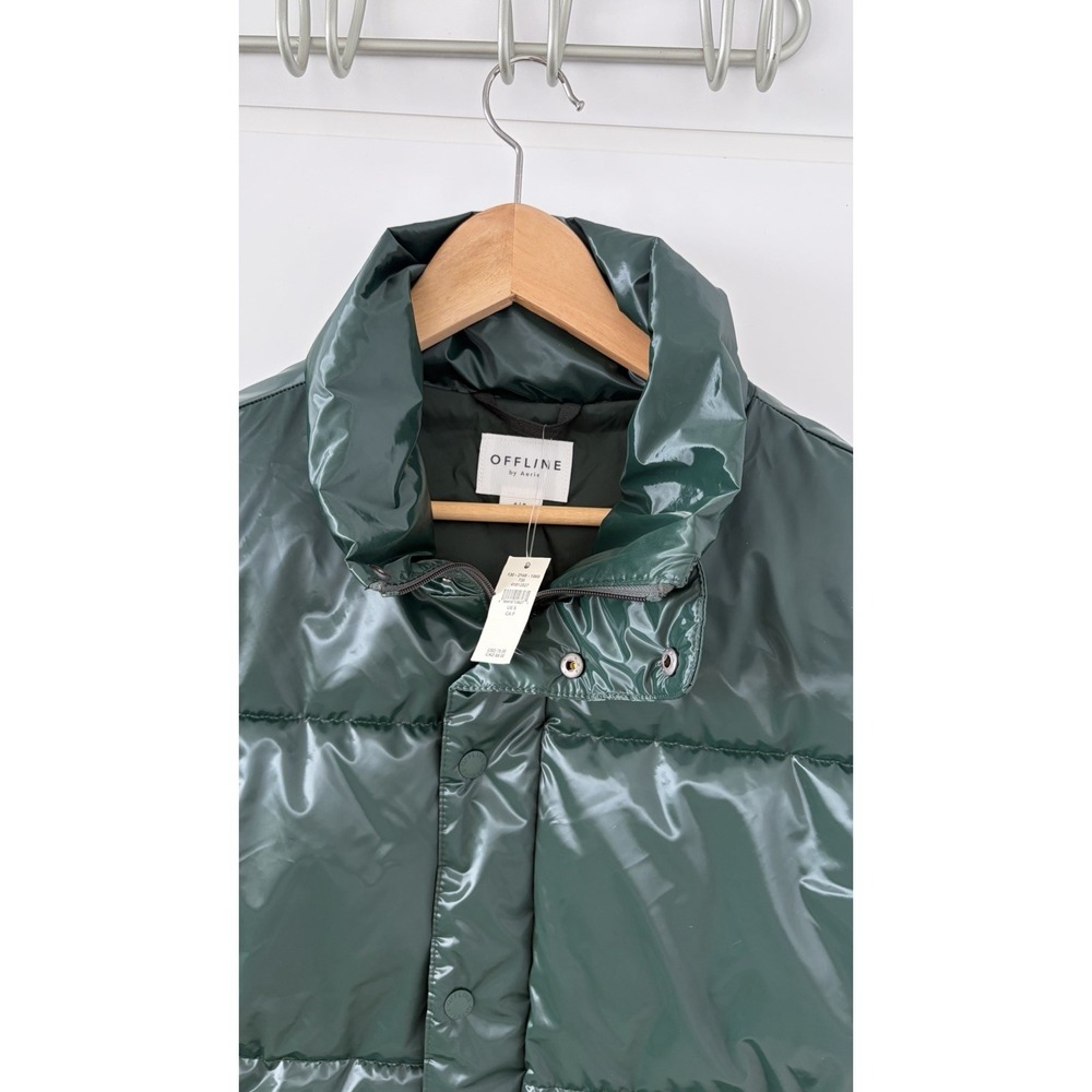 Offline By Aerie Green Shiny Glossy Puffer Vest Size XL Zip & Snap W/Pockets - Picture 2 of 12